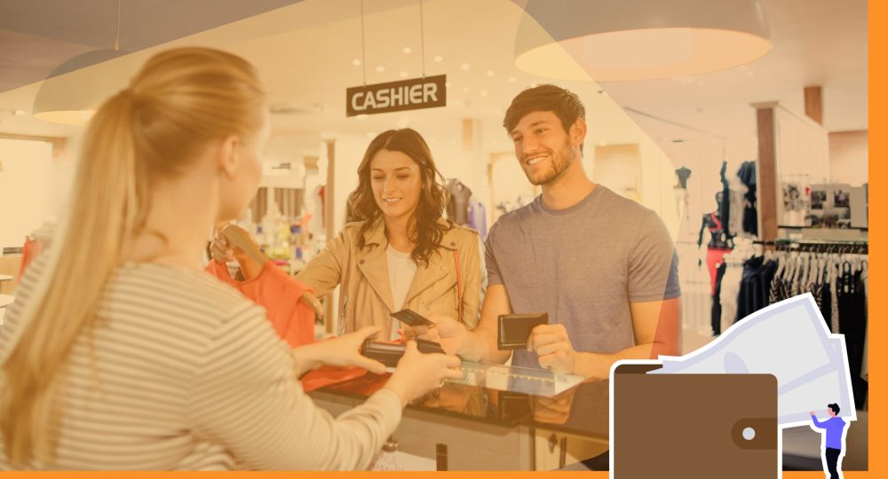 customers completing a transaction at a retail store